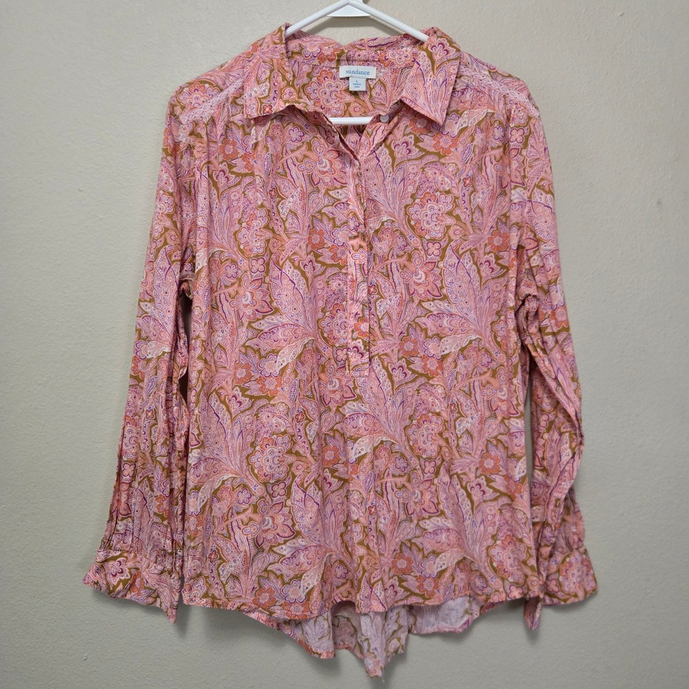 Sundance Pink Orange Paisley Floral Lace Trim Button Down Blouse Large